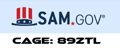 Logo of SAM.gov featuring a hat with stars and stripes and the text 'CAGE: 89ZTL'.